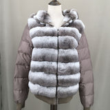 Real rex rabbit fur coat jacket with down sleeves and hat hood chinchilla - LVCOMEFF