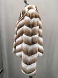 Real rex rabbit fur coat with stand collar chinchilla brown 2023 stripe - LVCOMEFF