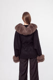 bat style wool coat with hat real fox fur trimming  and cuffs with belt 210732
