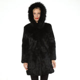 lady real rabbit fur coat with hood with fox fur trimmming 2023 winter warm - LVCOMEFF