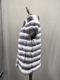 striped rex rabbit vest with short sleeves and stripes stand collar  chinchilla - LVCOMEFF