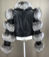 real sheep leather jacket short crop jacket with silver fox fur trimmig  free shipping