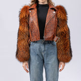 real sheep leather biker jacket short with long fox fur sleeve crop jacket free shipping