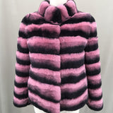 Real rex rabbit fur coat with stand collar chinchilla stripe 2023 winter purple - LVCOMEFF