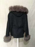 bat style wool coat with hat real fox fur trimming  and cuffs with belt 210732