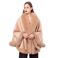 LVCOMEFF wool shawl cape wiith fox fur collar trimming 210730