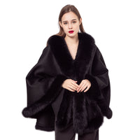 LVCOMEFF wool shawl cape wiith fox fur collar trimming 210730