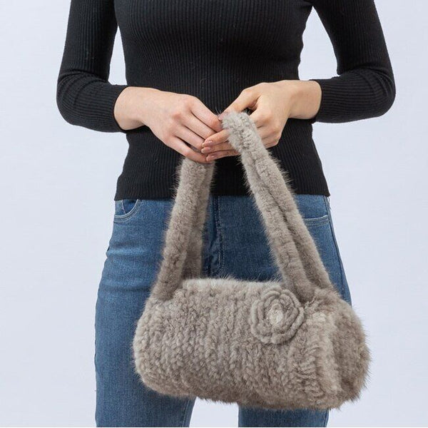 natural mink fur knitting handbag furry  luxurious with flower 2023 cylindrical free shipping