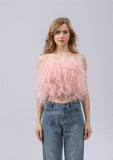 women ostrich feather tube top strapless Bandeau party Cami Vest tank top furry free shipping