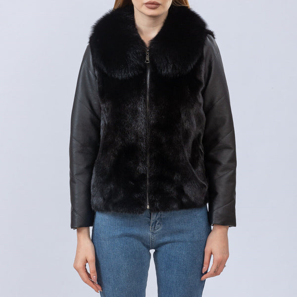 Natural mink fur full pelt jacket with fox fur collar sheep leather down coat free shipping