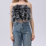 women ostrich feather tube top strapless Bandeau party Cami Vest tank top furry free shipping