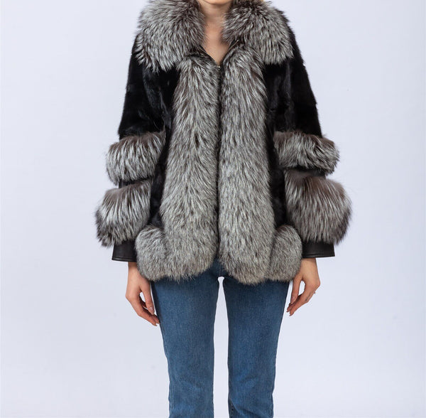 natural mink coat with silver fox collar front cuffs furry  2023 Autumn winter free shipping