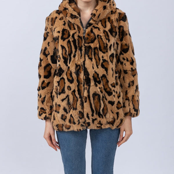 real rex rabbit coat with hood leopard brown casual 2023 Autumn winter coat free shipping