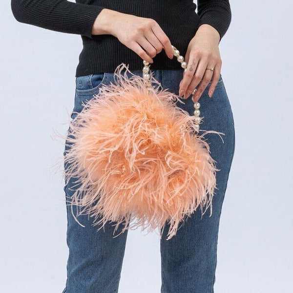 ostrich feather handbag with pearl chain mini purse for party pink white free shipping