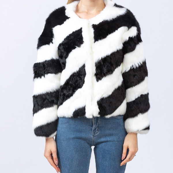 real rabbit fur short coat jacket full pelt white black stripe furry 2023 free shipping