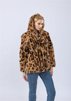 real rex rabbit coat with hood leopard brown casual 2023 Autumn winter coat free shipping