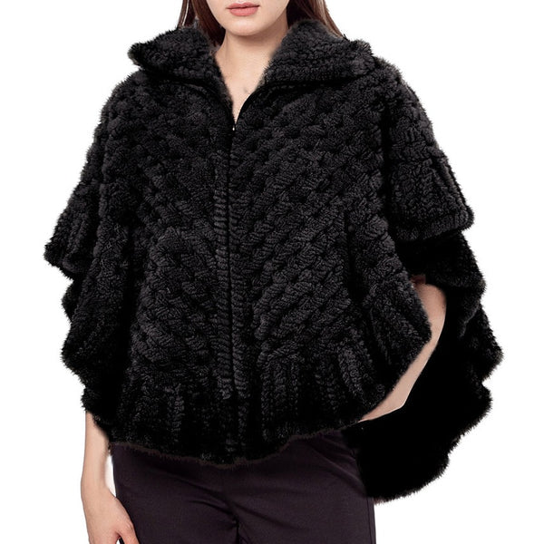LVCOMEFF natural knitted mink fur shawl cape with ruffels 210717