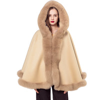 LVCOMEFF wool shawl cape wiith fox fur collar trimming with hood  210731