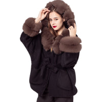 LVCOMEFF wool coat with fox fur trimming with hood with belt bat sleeve  210732