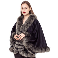 LVCOMEFF wool shawl cape wiith fox fur collar trimming with belt 210726