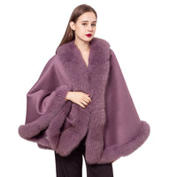 LVCOMEFF wool shawl cape wiith fox fur collar trimming 210730