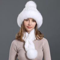 real womens knitted mink fur scarf hat two pieces set with fox fur poms - eileenhou rabbit fox mink raccoon chinchilla   lady real  fur coat jacket