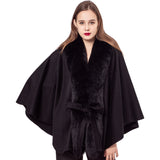 LVCOMEFF wool shawl cape wiith fox fur trimming with belt 210724