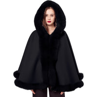 LVCOMEFF wool shawl cape wiith fox fur collar trimming with hood  210731