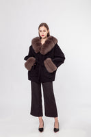 LVCOMEFF wool coat with fox fur trimming with hood with belt bat sleeve  210732