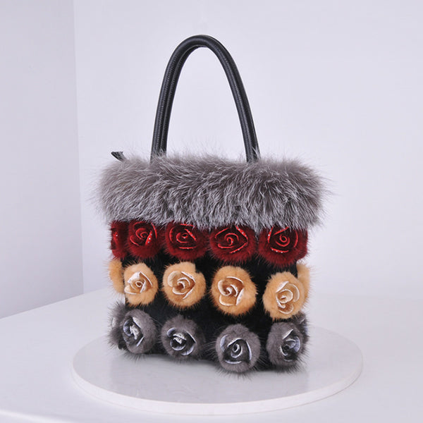 women real mink fur fox fur handbag with rose flower  free shipping - eileenhou rabbit fox mink raccoon chinchilla   lady real  fur coat jacket