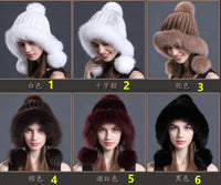 women real  knitted mink fur hat with earmuffs earflap with fox fur poms trimming  free shipping - eileenhou rabbit fox mink raccoon chinchilla   lady real  fur coat jacket