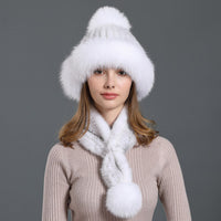 real womens knitted mink fur scarf hat two pieces set with fox fur poms - eileenhou rabbit fox mink raccoon chinchilla   lady real  fur coat jacket