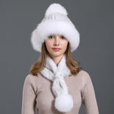 real womens knitted mink fur scarf hat two pieces set with fox fur poms - eileenhou rabbit fox mink raccoon chinchilla   lady real  fur coat jacket