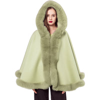 LVCOMEFF wool shawl cape wiith fox fur collar trimming with hood  210731