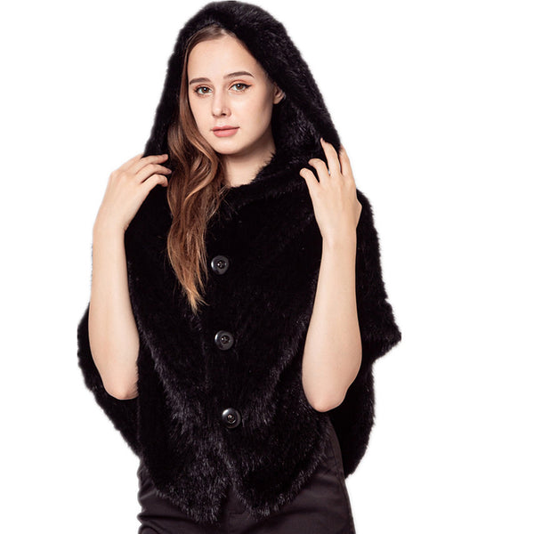 LVCOMEFF natural knitted mink fur shawl cape with hood 210721