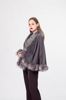 LVCOMEFF wool shawl cape wiith fox fur collar trimming with belt 210726