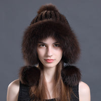 women real  knitted mink fur hat with earmuffs earflap with fox fur poms trimming  free shipping - eileenhou rabbit fox mink raccoon chinchilla   lady real  fur coat jacket