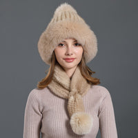 real womens knitted mink fur scarf hat two pieces set with fox fur poms - eileenhou rabbit fox mink raccoon chinchilla   lady real  fur coat jacket