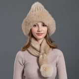 real womens knitted mink fur scarf hat two pieces set with fox fur poms - eileenhou rabbit fox mink raccoon chinchilla   lady real  fur coat jacket