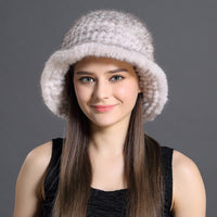 women real  knitted mink fur Bucket hat with flower  free shipping - eileenhou rabbit fox mink raccoon chinchilla   lady real  fur coat jacket