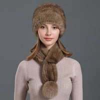 real womens knitted mink fur scarf hat beanie  two pieces set with fox fur poms - eileenhou rabbit fox mink raccoon chinchilla   lady real  fur coat jacket