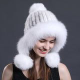 women real  knitted mink fur hat with earmuffs earflap with fox fur poms trimming  free shipping - eileenhou rabbit fox mink raccoon chinchilla   lady real  fur coat jacket