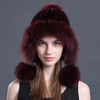 women real  knitted mink fur hat with earmuffs earflap with fox fur poms trimming  free shipping - eileenhou rabbit fox mink raccoon chinchilla   lady real  fur coat jacket