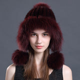 women real  knitted mink fur hat with earmuffs earflap with fox fur poms trimming  free shipping - eileenhou rabbit fox mink raccoon chinchilla   lady real  fur coat jacket