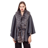 LVCOMEFF wool shawl cape wiith fox fur trimming with belt 210724