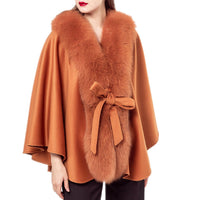 LVCOMEFF wool shawl cape wiith fox fur trimming with belt 210724