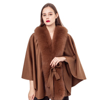 LVCOMEFF wool shawl cape wiith fox fur trimming with belt 210724