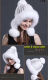 women real  knitted mink fur hat with earmuffs earflap with fox fur poms trimming  free shipping - eileenhou rabbit fox mink raccoon chinchilla   lady real  fur coat jacket