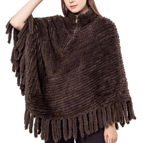 LVCOMEFF natural knitted mink fur poncho pullover with zipper with tassels  210718