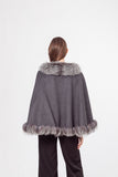 LVCOMEFF wool shawl cape wiith fox fur collar trimming with belt 210726